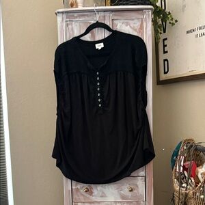 BDG Black Long Sleeve Button Henley Top